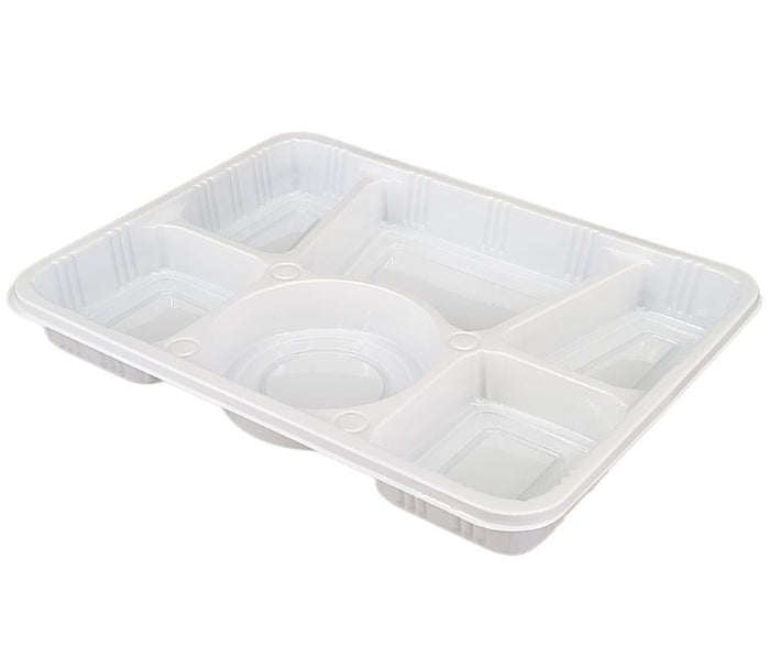 Plastic Tray (Thali) - 6 Compartment - White