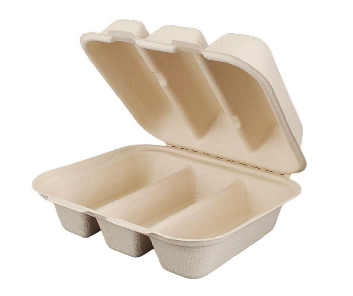 Eco-Craze - Taco - Bagasse Hinged Container - 3 COMPARTMENT