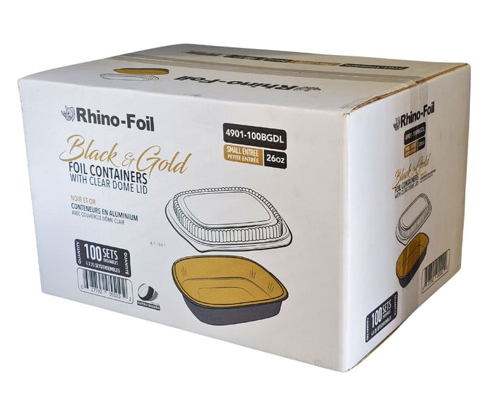 Rhino-Foil - Small (26oz) Black & Gold Foil Cont. w/ Clear Dome Lid