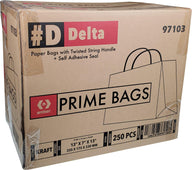 Delta Prime Bags Self-Adhesive Paper Bags with Twisted Handles - 13x7x13, 250 Pack, Kraft