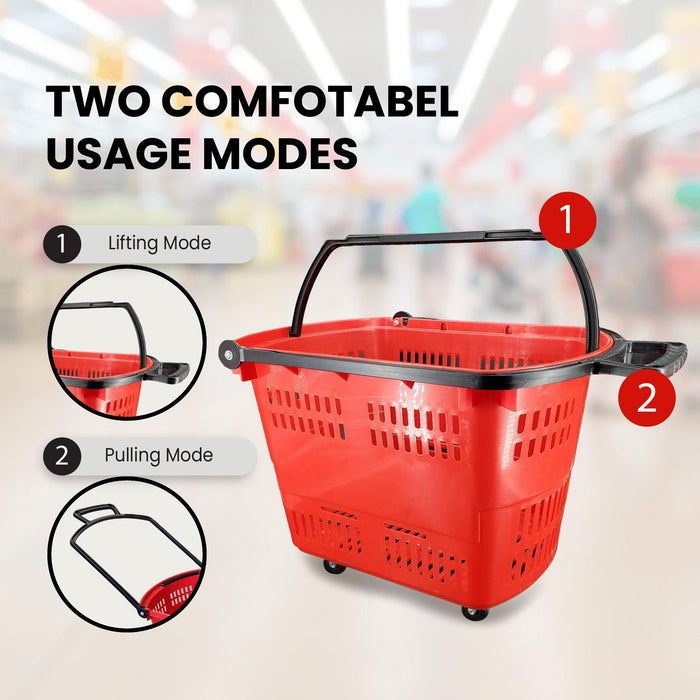 45L Shopping Basket - Handle & Wheels - RED