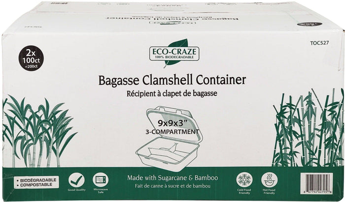 CLR - Arrow/PPP/Eco-Craze - Bagasse Clamshell Container - 9x9x3