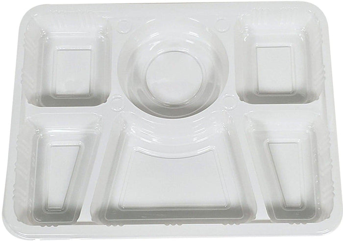 Plastic Tray (Thali) - 6 Compartment - White