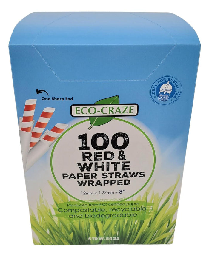 Eco-Craze Paper Straws - Red and White, 12mmx8