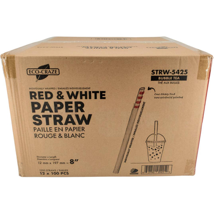 Eco-Craze Paper Straws - Red and White, 12mmx8