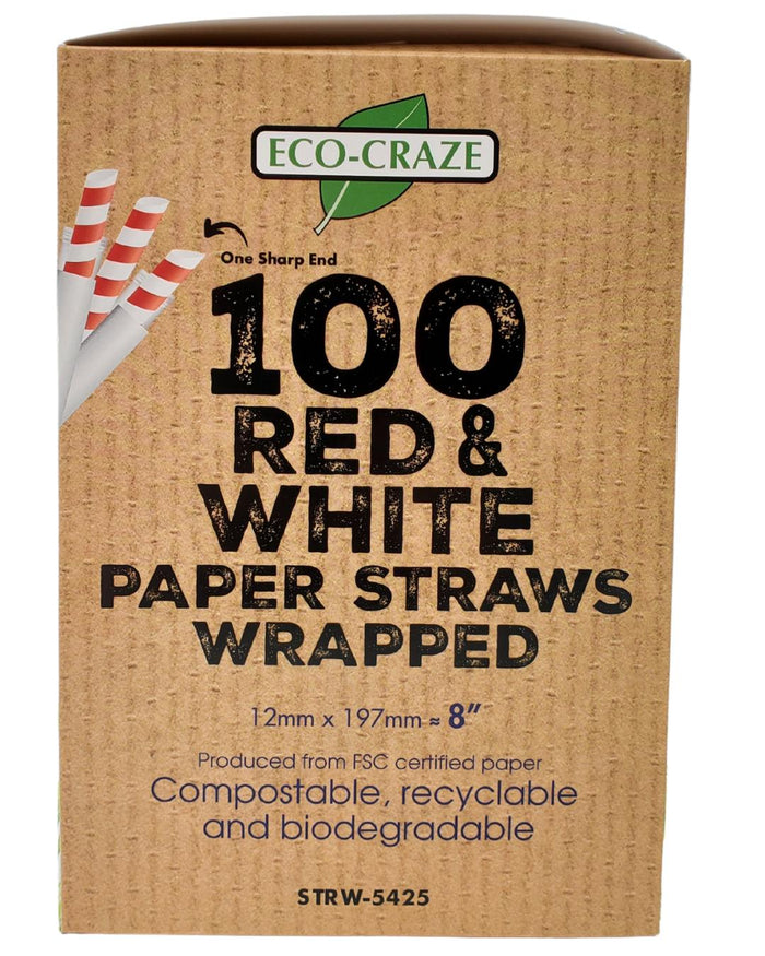 Eco-Craze Paper Straws - Red and White, 12mmx8