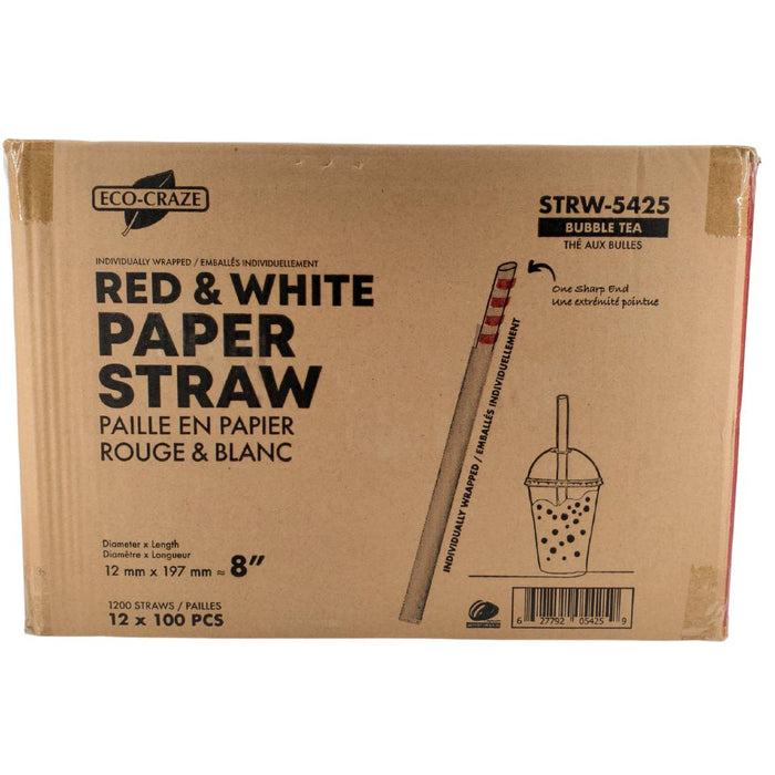 Eco-Craze Paper Straws - Red and White, 12mmx8