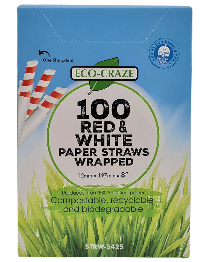 Eco-Craze Paper Straws - Red and White, 12mmx8