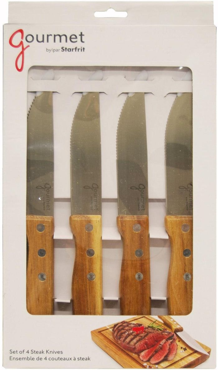 Set Of 4 Steak Knives - Acacia Wooden Handle