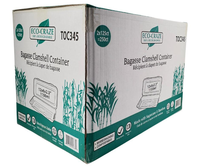 Eco-Craze - 12x6x2.3 Bagasse Clamshell Container - 1100ml