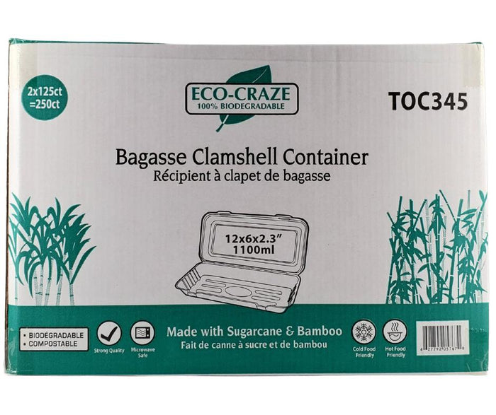 Eco-Craze - 12x6x2.3 Bagasse Clamshell Container - 1100ml