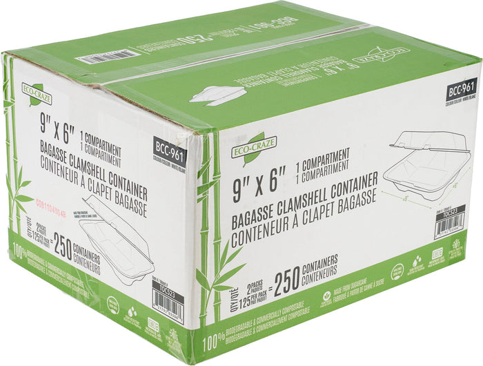 Eco-Craze - 9x6x3 Bagasse Clamshell Container