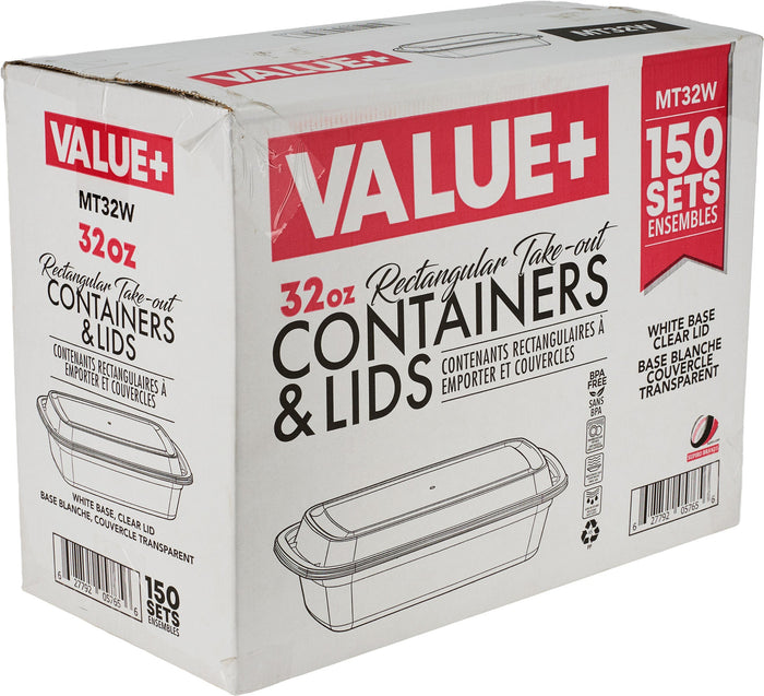 Value+ - 32oz Rectangular White Plastic Container
