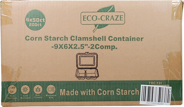 Eco-Craze - Bagasse Clamshell Container - 9X6 - 2 Comp