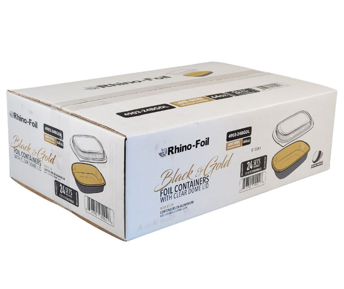 Rhino-Foil - Large (64oz) Black & Gold Foil Cont. w/ Clear Dome Lid