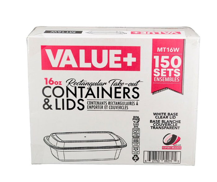 Value+ - 16oz Rectangle Plastic Container - White