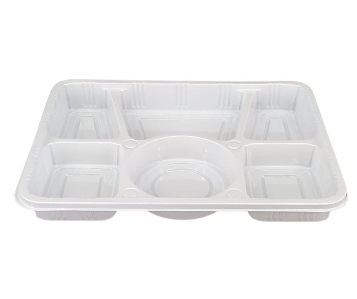 Plastic Tray (Thali) - 6 Compartment - White