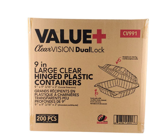 Value+ - Dual Lock - 9in Large Clear Hinged Containers - CV991