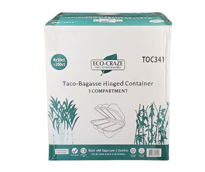 Eco-Craze - Taco - Bagasse Hinged Container - 3 COMPARTMENT